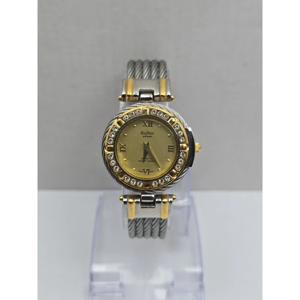 Vintage Rofina Supreme 22K Gold Plated Cable Bracelet Quartz Watch New Battery